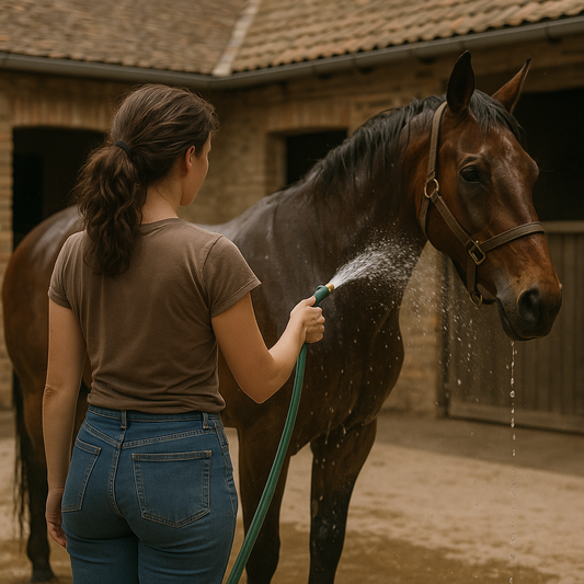 Femme brune qui arrose un cheval au tuyau d'arrosage en face d'une écurie. Pour aider contre la chaleur
